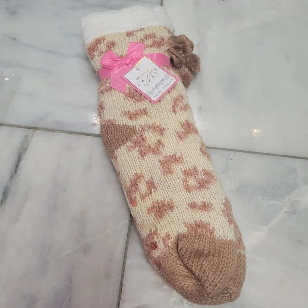 Simply Southern Soft & Cozy Camper Socks Sherpa Cuffs Lining Leopard Cream Brown